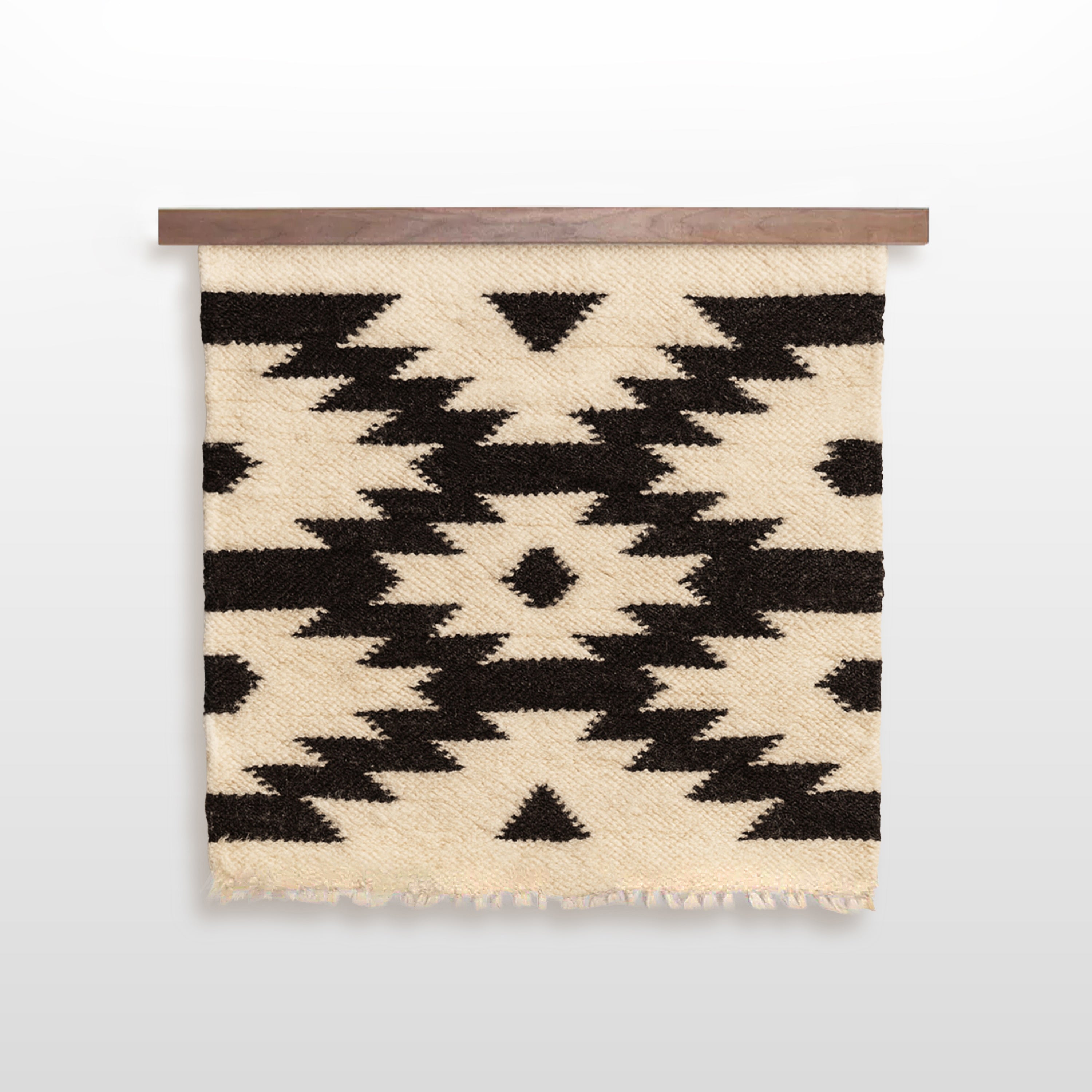 Display your wall hanging with a black geometric pattern on beige using African Sapele Wood Wall Hanging Rug Hangers for an eco-friendly decorative touch.