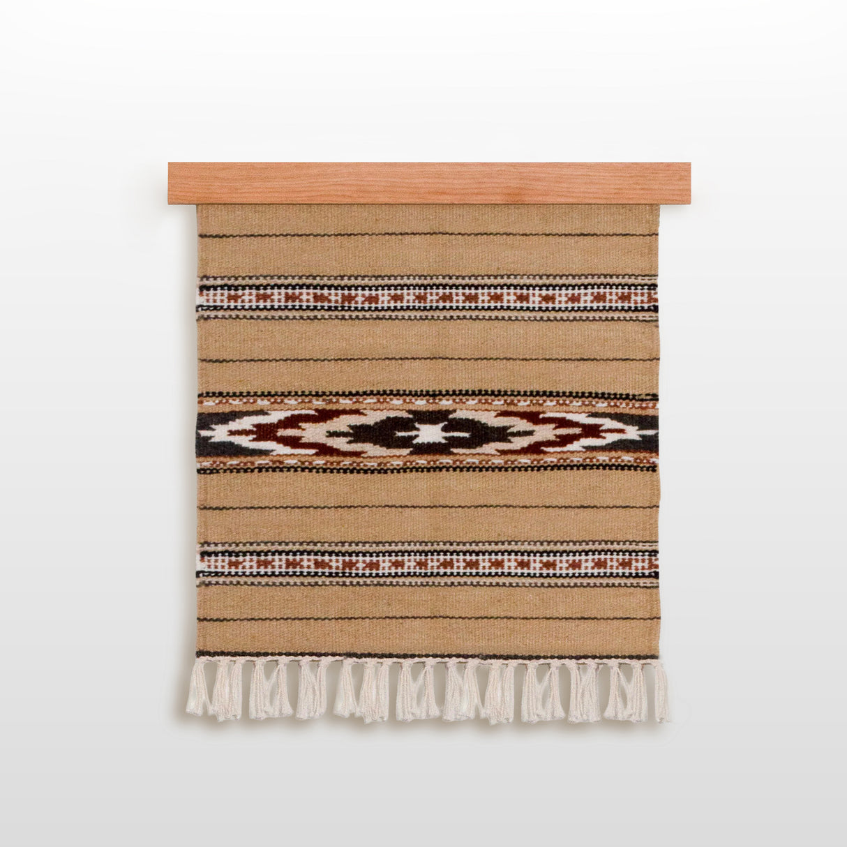 The Teplota (Warmth) Wool Small Rug / Mat features woven beige fabric with geometric patterns, fringe at the bottom, and a wooden rod at the top—ideal as a decorative wall tapestry to enhance your space.