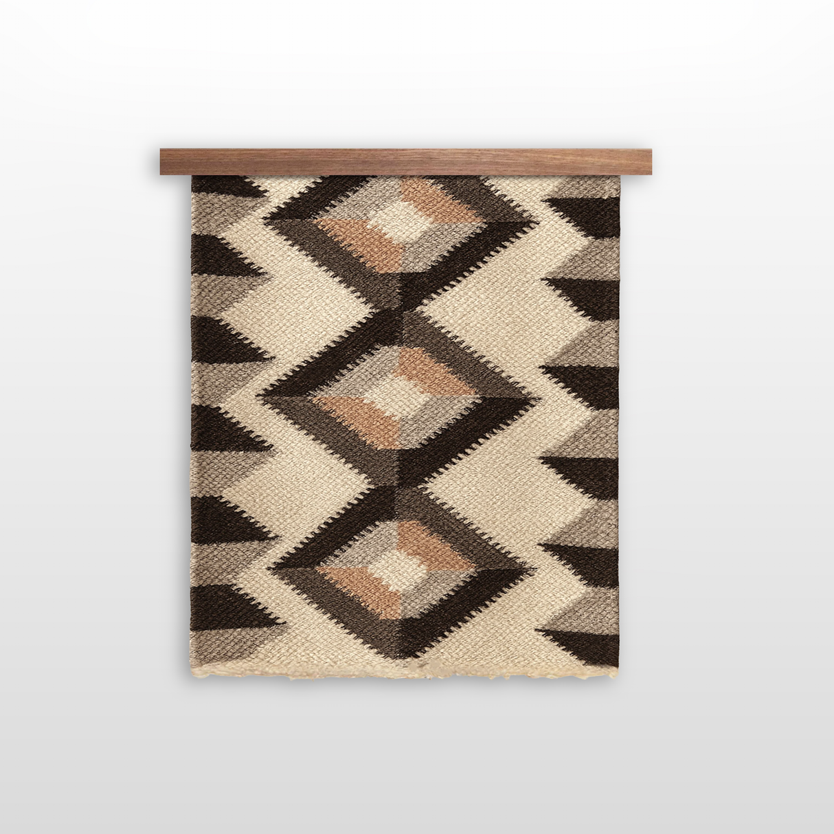 The Svitlo (Bright) Wool Wall Hanging features geometric patterns in earth tones, crafted from organic Carpathian wool, and is displayed hanging on a wooden rod against a white background.