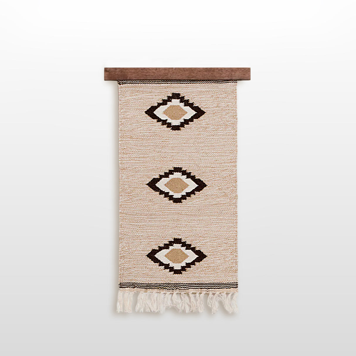 Handmade in Ukraine, this organic 100% sheep wool woven rug wall hanging features geometric patterns and fringe, displayed on a wood hanger and crafted with eco-friendly care.