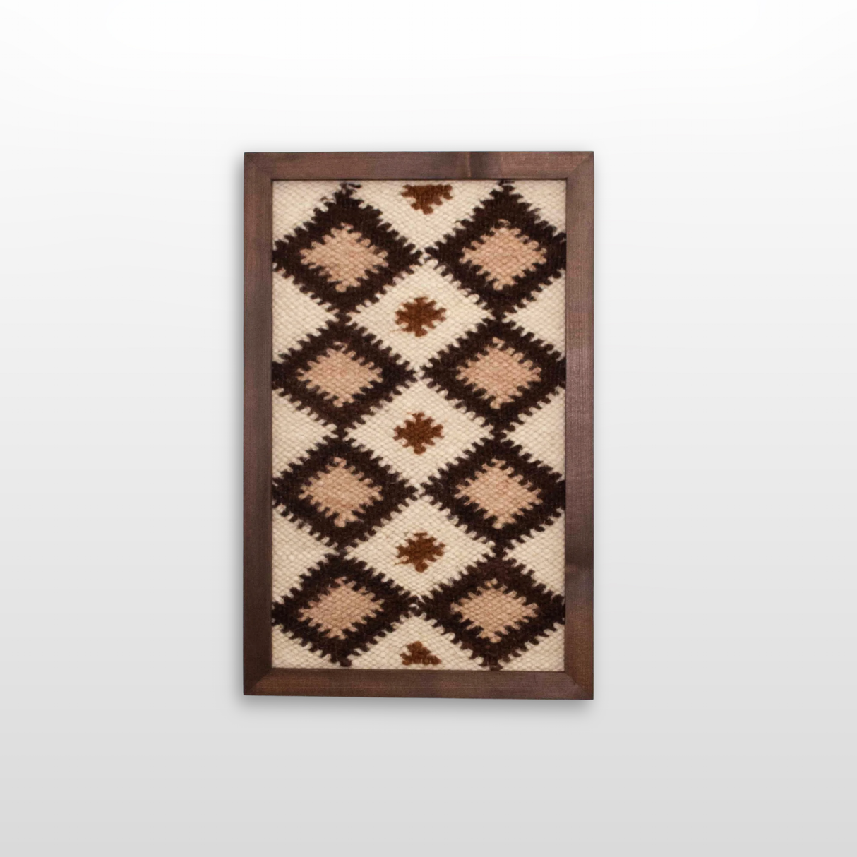 Blazheny (Blissful) Wool Framed Wall Art features a geometric diamond design in brown, beige, and cream on a white background, crafted from organic wool.