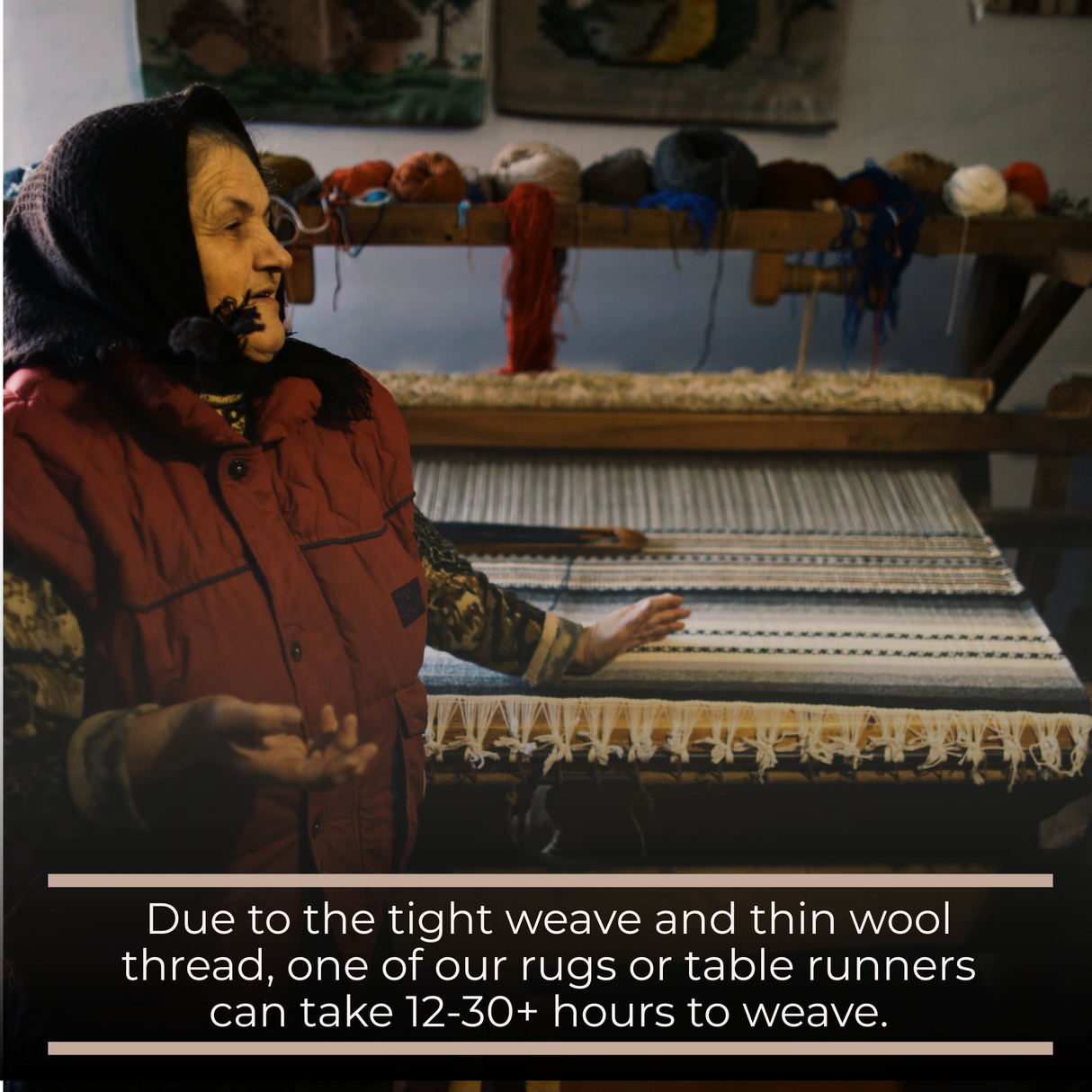 An older woman in a red vest weaves colorful yarn at a loom, crafting the Karaliene (Queen) Wool Wall Hanging, featuring a detailed rhombus-dot design in handcrafted wool.