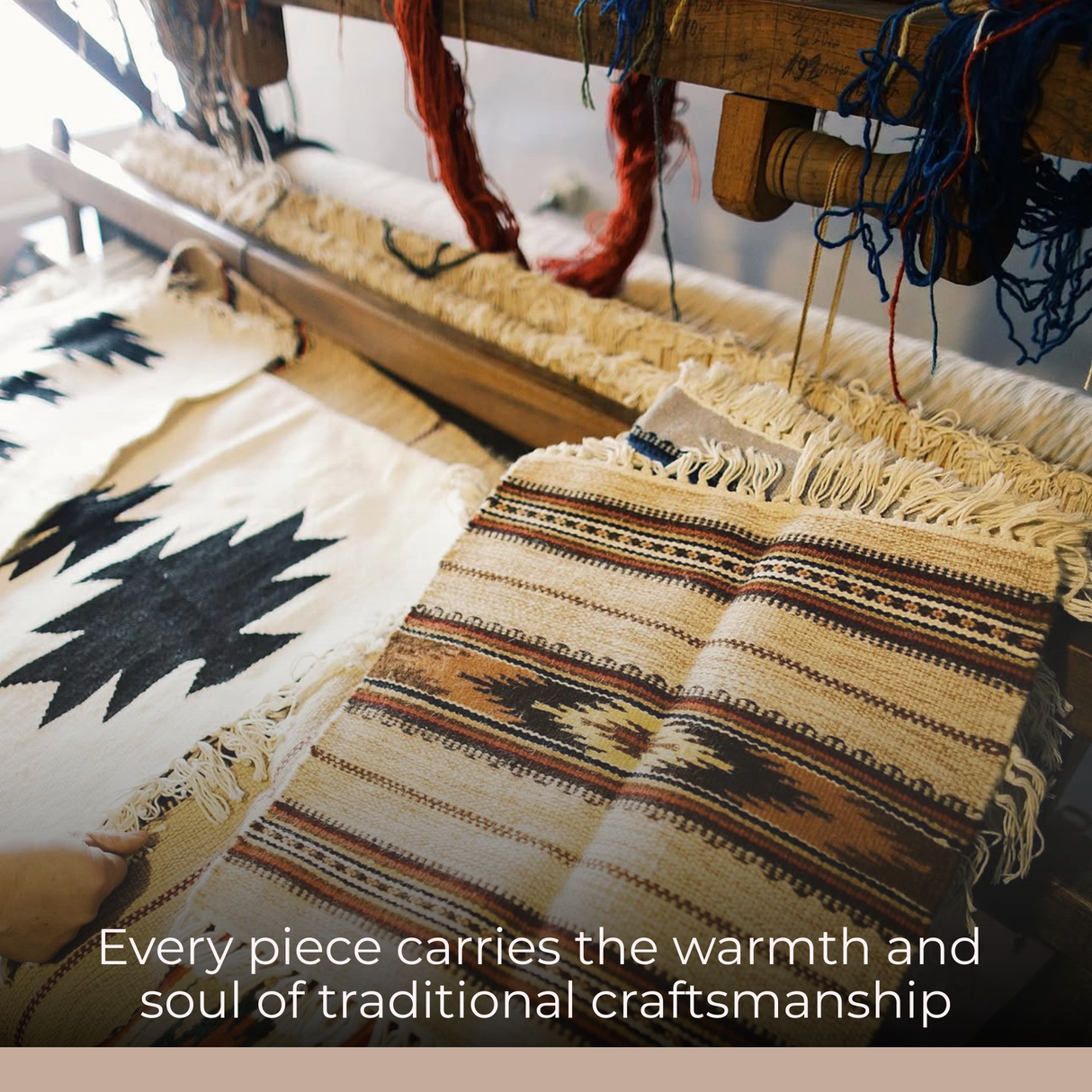 The Zytia (Life) Wool Wall Hanging is handwoven on a loom with handcrafted wool and features intricate zigzag patterns inspired by traditional Ukrainian heritage.