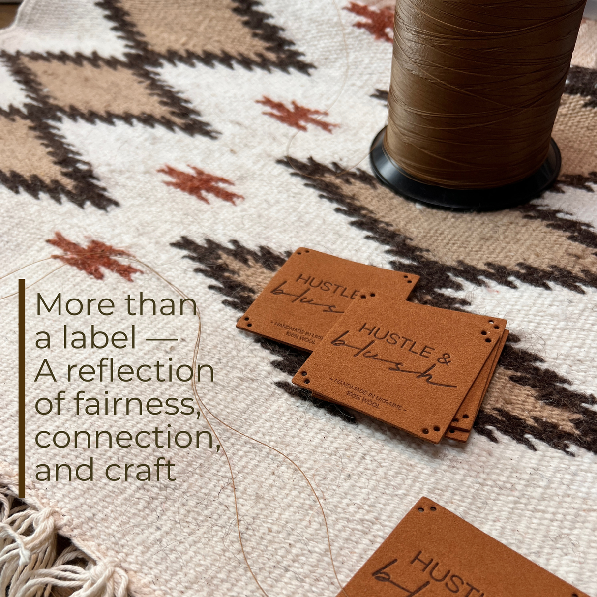 The Zytia (Life) Wool Wall Hanging features brown leather labels, a brown thread spool, and a woven zigzag pattern, celebrating Ukrainian heritage, craftsmanship, and connection.