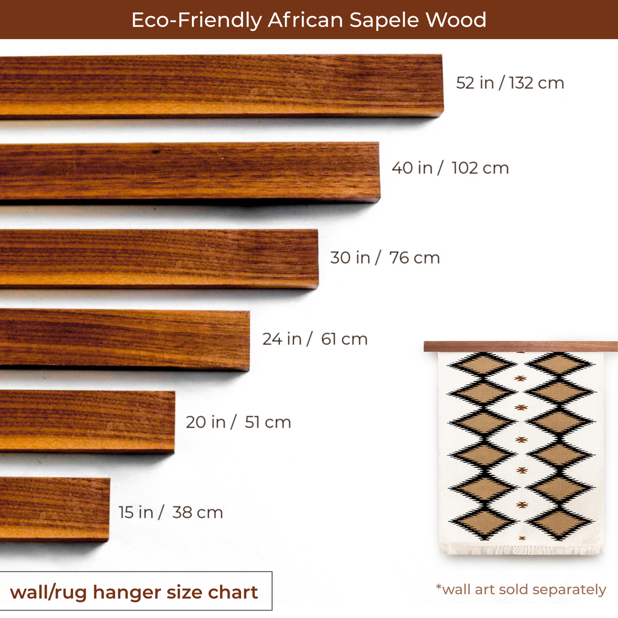 Six African Sapele Wood Wall Hanging Rug Hangers, in a rich mahogany shade and varying lengths, are made from eco-friendly wood and shown next to geometric woven wall art for scale.