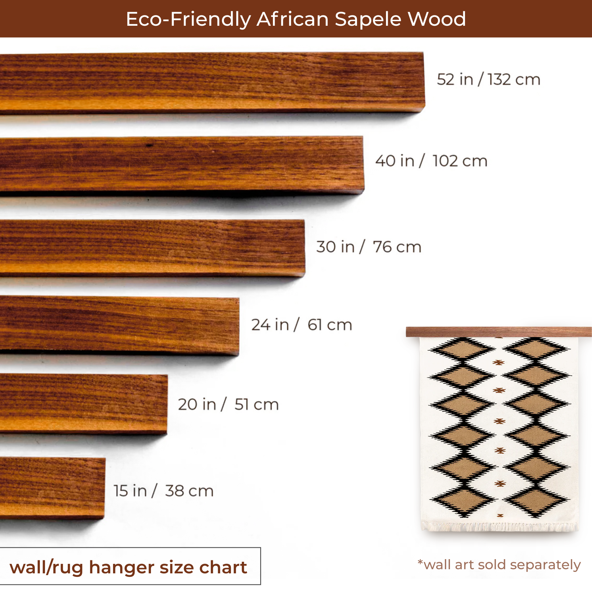 Six African Sapele Wood Wall Hanging Rug Hangers, in a rich mahogany shade and varying lengths, are made from eco-friendly wood and shown next to geometric woven wall art for scale.
