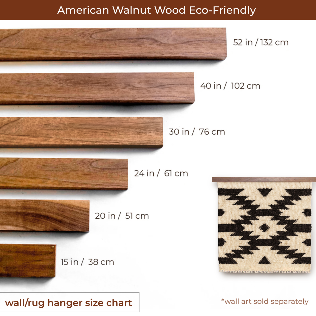 Five Eco-Friendly American Walnut Wood Rug Quilt Hangers (Knobless), hand-woven in Ukraine and shown in various lengths with size labels in inches and centimeters—ideal for customizable, sustainable wall hanging.