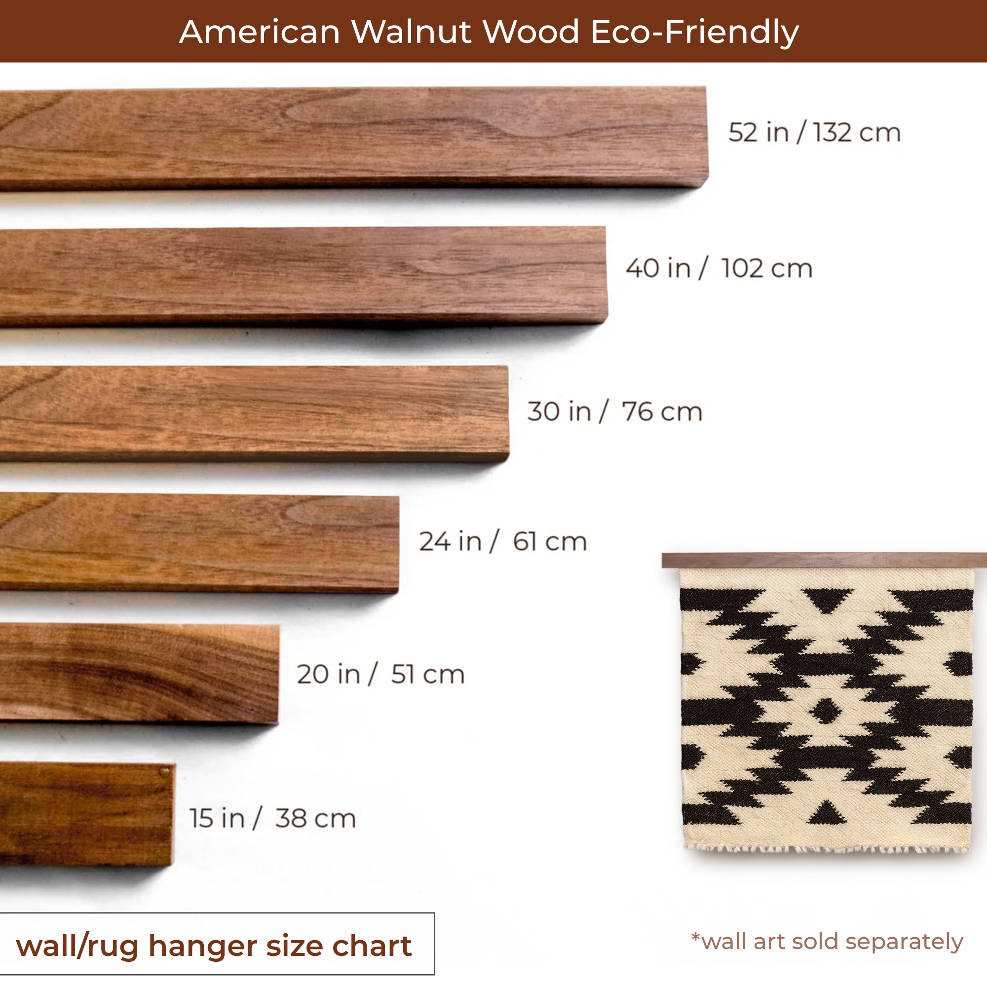 Five Eco-Friendly American Walnut Wood Rug Quilt Hangers (Knobless), hand-woven in Ukraine and shown in various lengths with size labels in inches and centimeters—ideal for customizable, sustainable wall hanging.