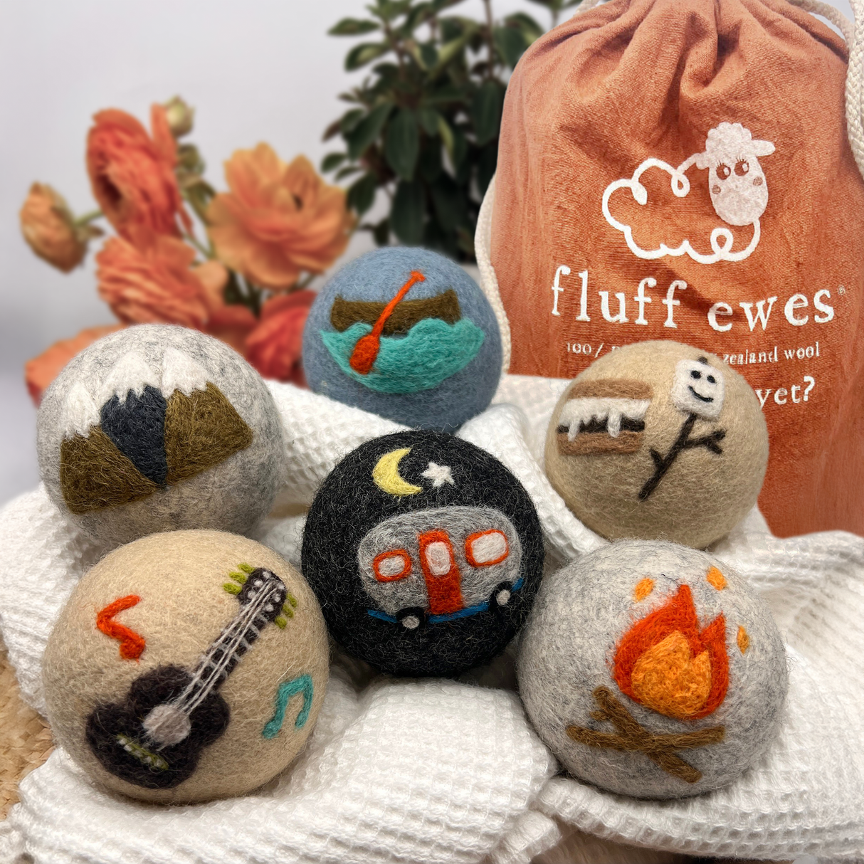 Fluff Ewes "Are we there yet?" Premium Wool Dryer Balls: 6 Pack, Natural Fabric Softener, Eco-friendly - Are we there yet? dryer balls