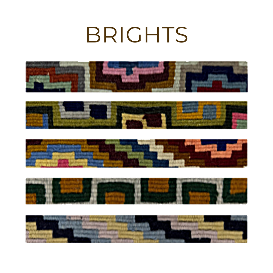 Five colorful woven bands with geometric patterns, inspired by large straps for hanging vintage bells, labeled "BRIGHTS" above them.