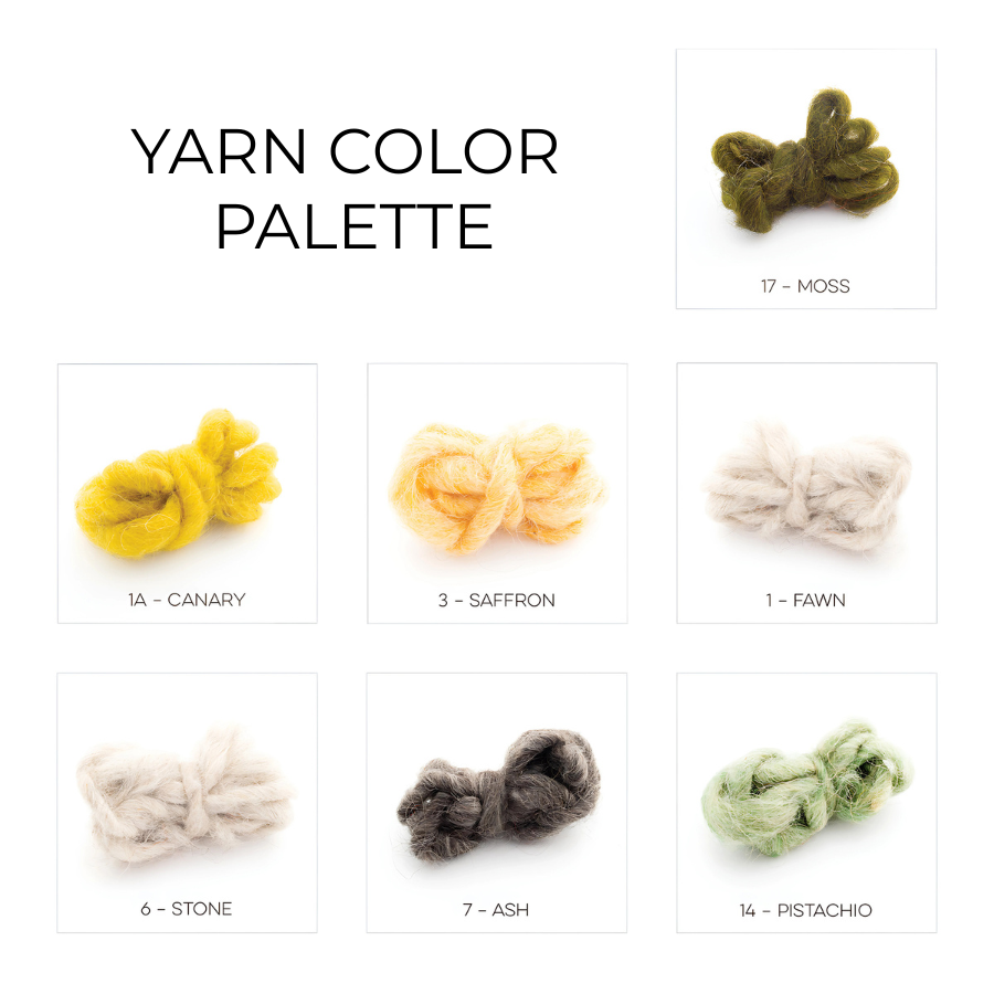 Seven yarn skeins in moss, canary, saffron, fawn, stone, ash, and pistachio are arranged on a white background—perfect for crafting your Sontse (Sun) Wool Statement Throw or Baby Blanket.