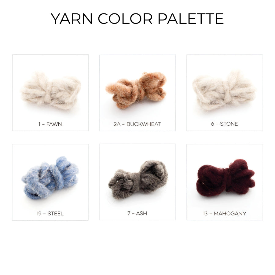 The Harmonia A (Harmony) Wool Statement Throw / Baby Blanket features a yarn palette of Fawn, Buckwheat, Stone, Steel, Ash, and Mahogany—ideal for crafting a cozy modern look or an artsy statement piece.