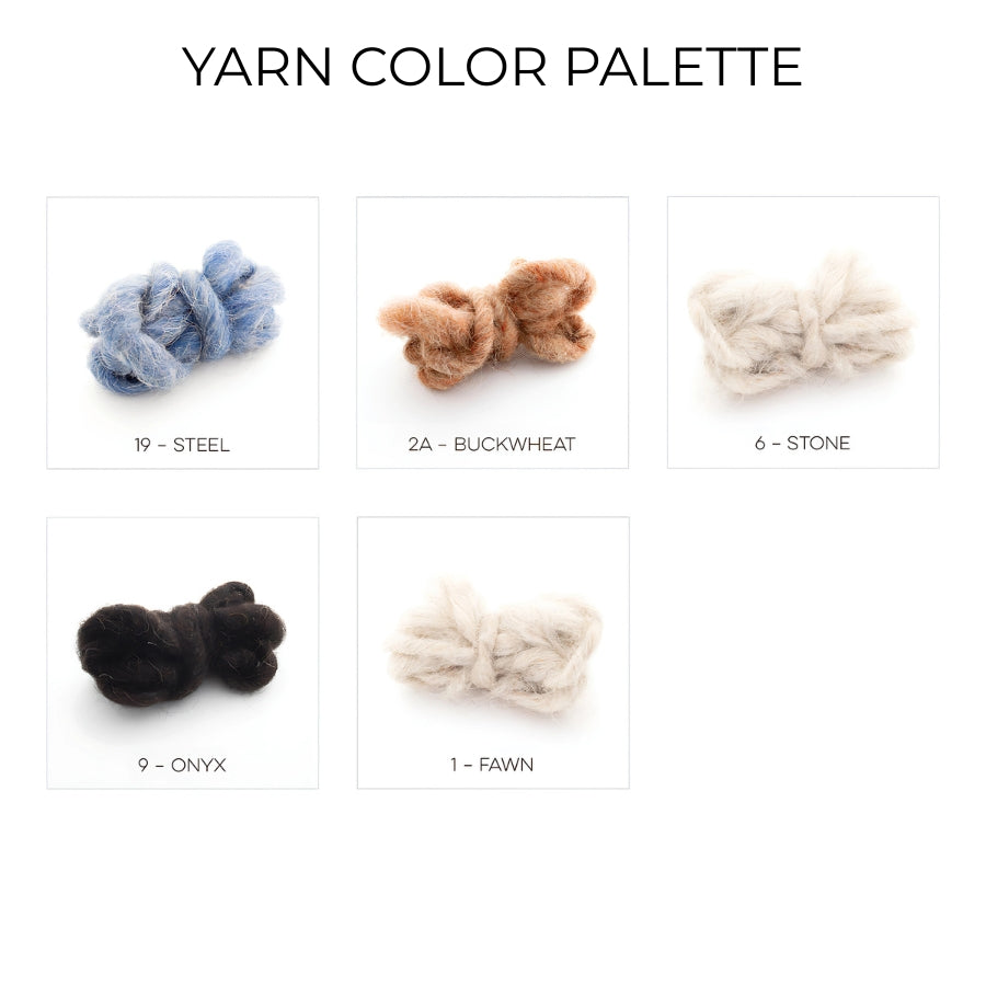 Five yarn bundles in steel, buckwheat, stone, onyx, and fawn create the perfect palette to craft your own Zirka (Star) Wool Statement Throw or Baby Blanket.