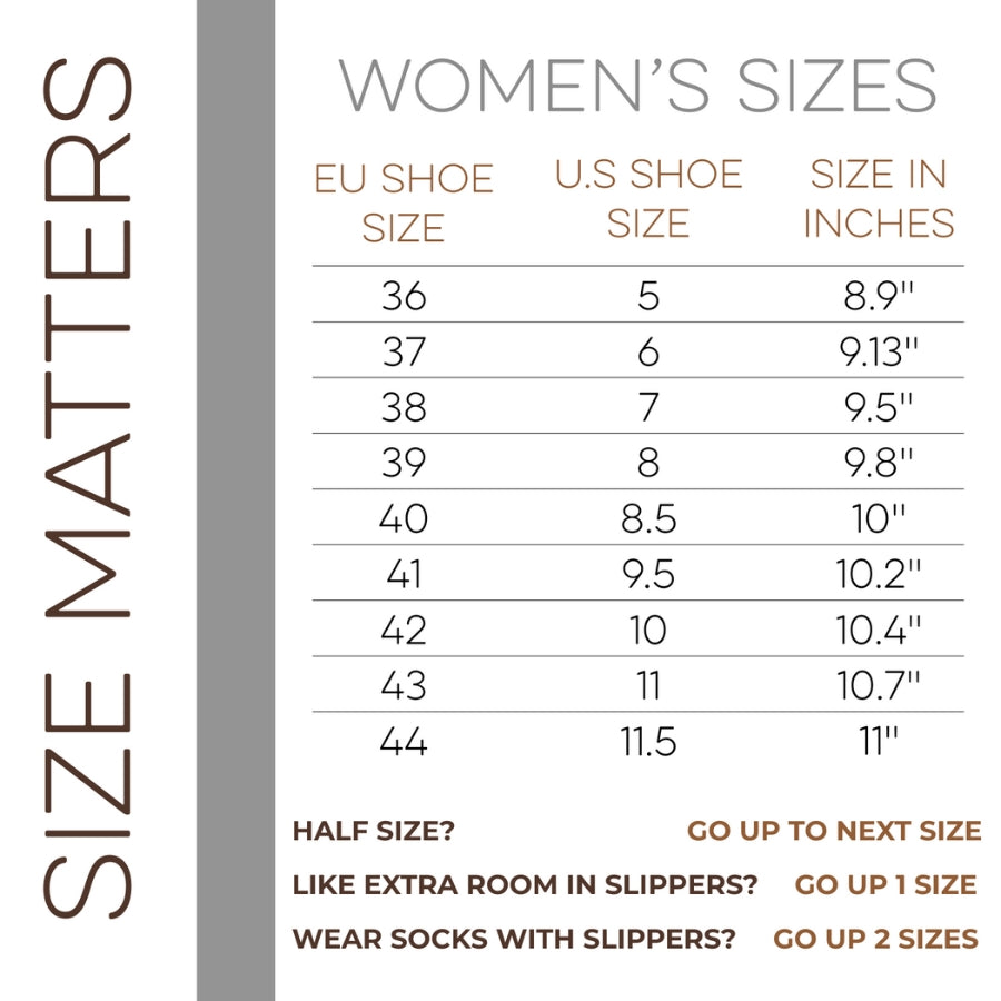 Women’s shoe size chart with EU, US, and inch equivalents, plus fitting tips for half sizes and Love Ewe Hand-Felted Organic Wool Slippers for Women (Blu-G), handcrafted from fair trade organic wool in Nepal.