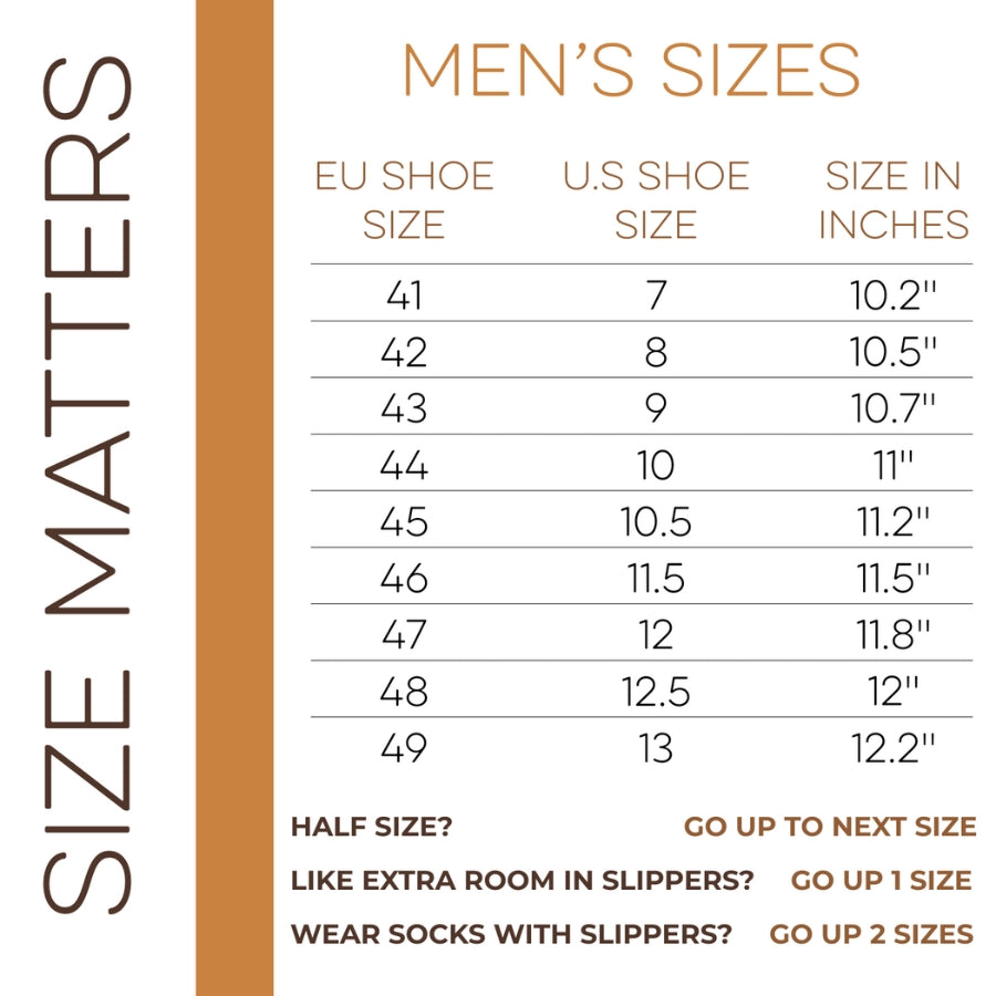 Men’s shoe size chart with EU, US, and inch sizes plus fitting tips—perfect for choosing Love Ewe Hand-Felted Organic Wool Slippers for Men (Blu-G), handmade in Nepal.