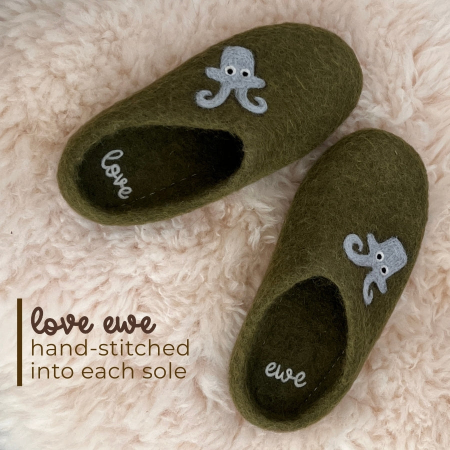 Two handmade, fair trade Love Ewe Hand-Felted Organic Wool Slippers for Men (Blu-G), crafted in Nepal with a cozy design and "love ewe" stitched inside, offer ethical comfort and style.