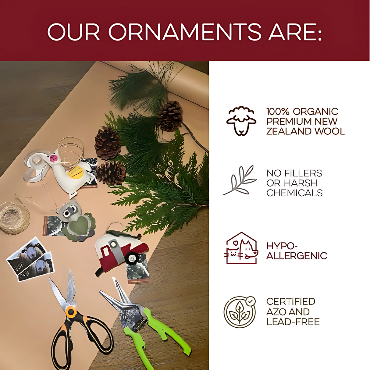 Camper with Christmas Tree ornament shown with handmade decorations, pinecones, and greenery, plus text highlighting the eco-friendly features of these artisan Christmas ornaments.