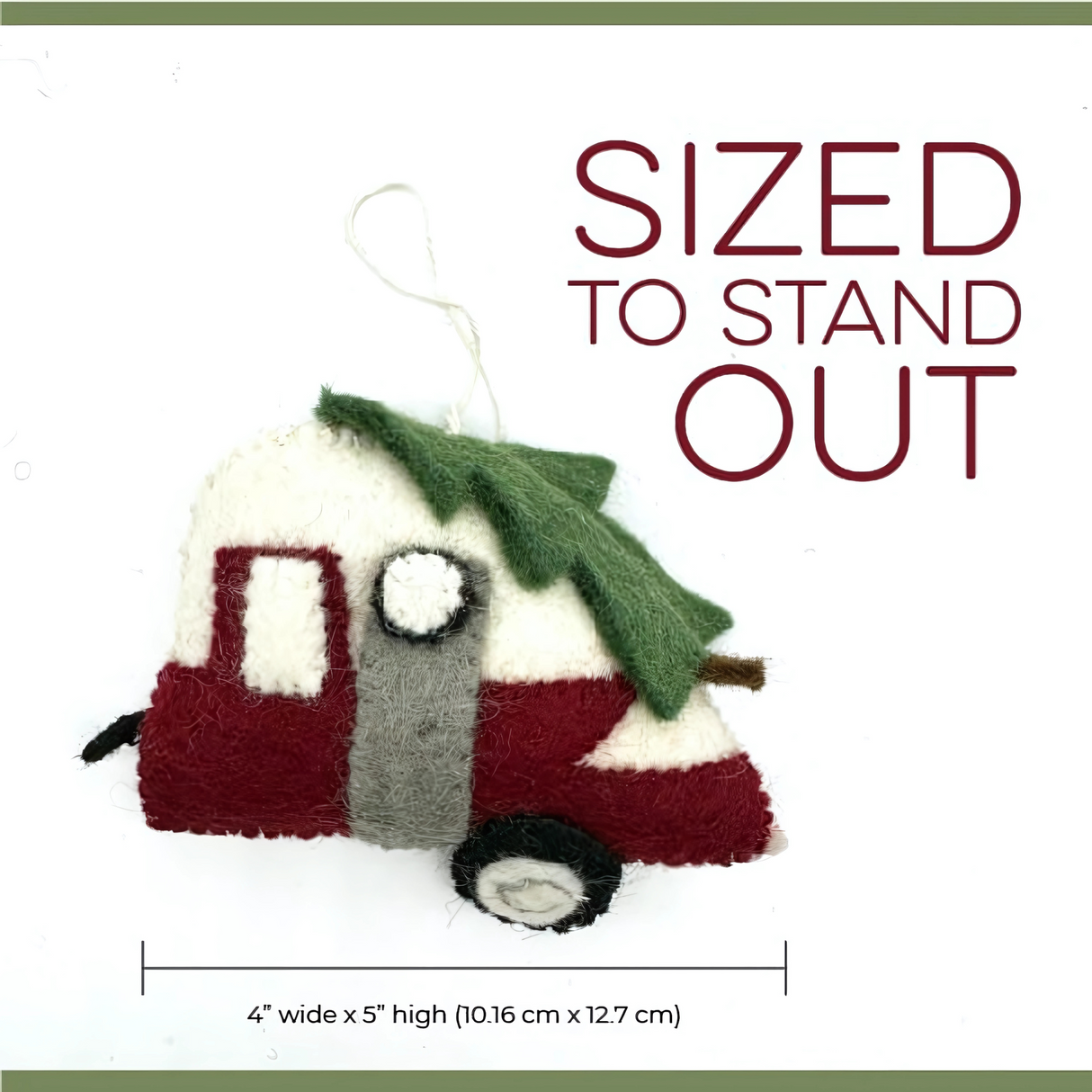 Make your holidays bright with the Camper with Christmas Tree ornament—crafted from felt, showcasing a red camper topped with a festive tree. Measures 4"x5". SIZED TO STAND OUT.