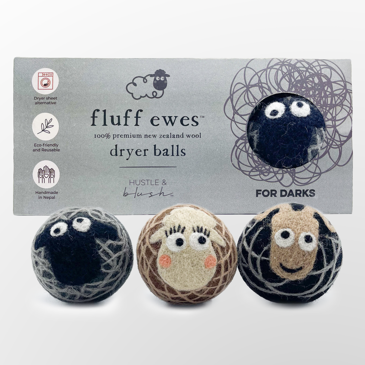 Fluff Ewes 100% Premium Wool Dryer Balls for Darks, 3 pack Natural Fabric Softener, Eco-Friendly & Handmade - Darks