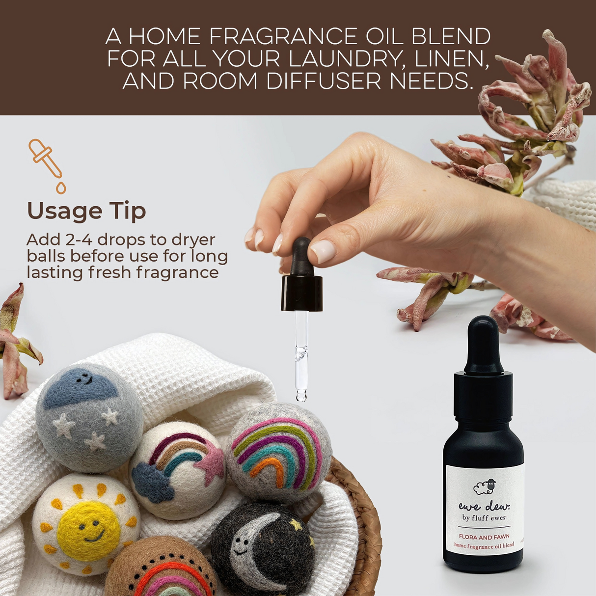A hand adds Ewe Dew by Fluff Ewes Meadow Mist Laundry, Home Fragrance + Aromatherapy Essential Oil Blend to colorful wool dryer balls, with the fragrance oil bottle and laundry scent booster tip also visible.