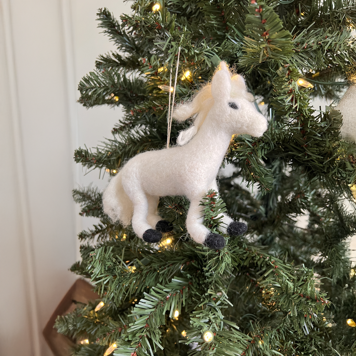 Hand-Stitched Felted Large White Prancing Unicorn Ornament