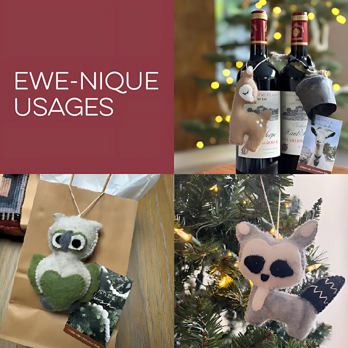 Hand-Stitched Felted Owl Ornament, perfect as wine bottle decor, gift bag accent, or tree ornament—an artisan Christmas decoration.