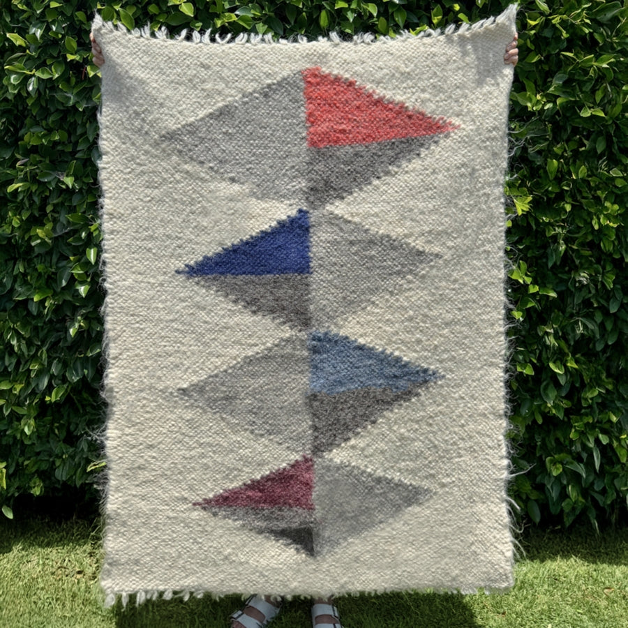 Person holding a Harmonia B (Harmony) Wool Statement Throw / Baby Blanket with geometric colored triangles against a green leafy background.