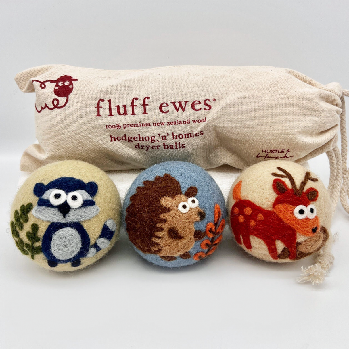 Fluff Ewes "Hedgehog & Homies" Woodland Themed 100% Premium Wool Dryer Balls, 3-pack, Natural Fabric Softener, Eco-Friendly - dryer balls