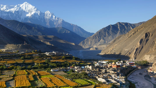 Scenic village with colorful fields, nestled in a valley below snow-capped mountains under a clear blue sky.