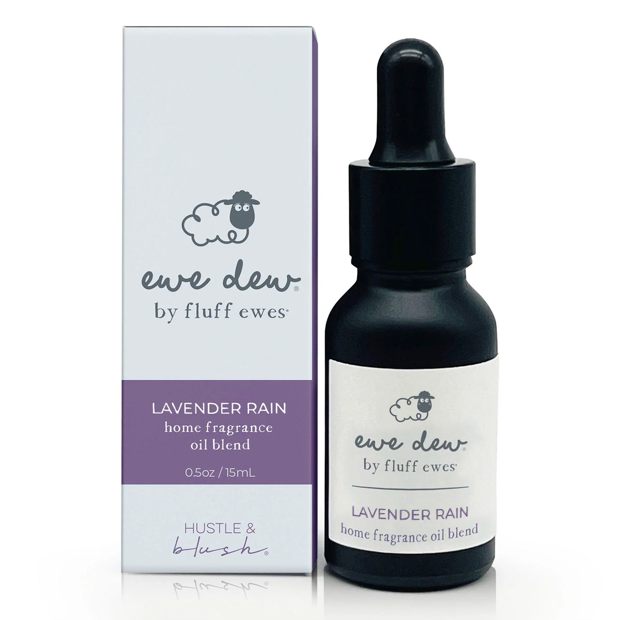 A 0.5 fl oz/15mL bottle of Ewe Dew by Fluff Ewes Lavender Rain Laundry, Home Fragrance + Aromatherapy Essential Oil Blend—use with wool dryer balls or an oil diffuser for a fresh lavender citrus scent.
