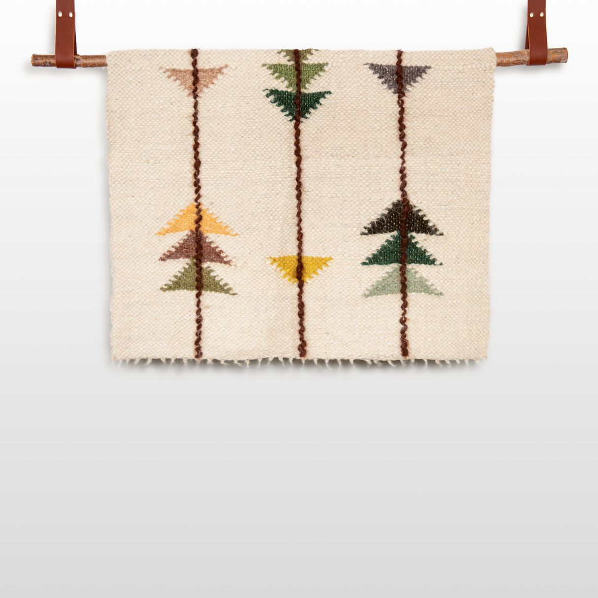 The Lis (Forest) Wool Statement Throw / Baby Blanket is woven from Carpathian wool, featuring geometric arrow patterns in green, yellow, and brown on a beige background.