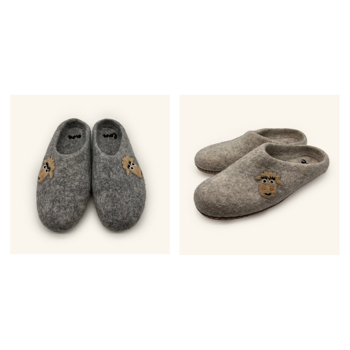 Love Ewe Hand-Felted Organic Wool Slippers for Women (Blush-LG), handmade in Nepal under fair trade practices, feature a charming bear face design. Shown from above and side on a light background.