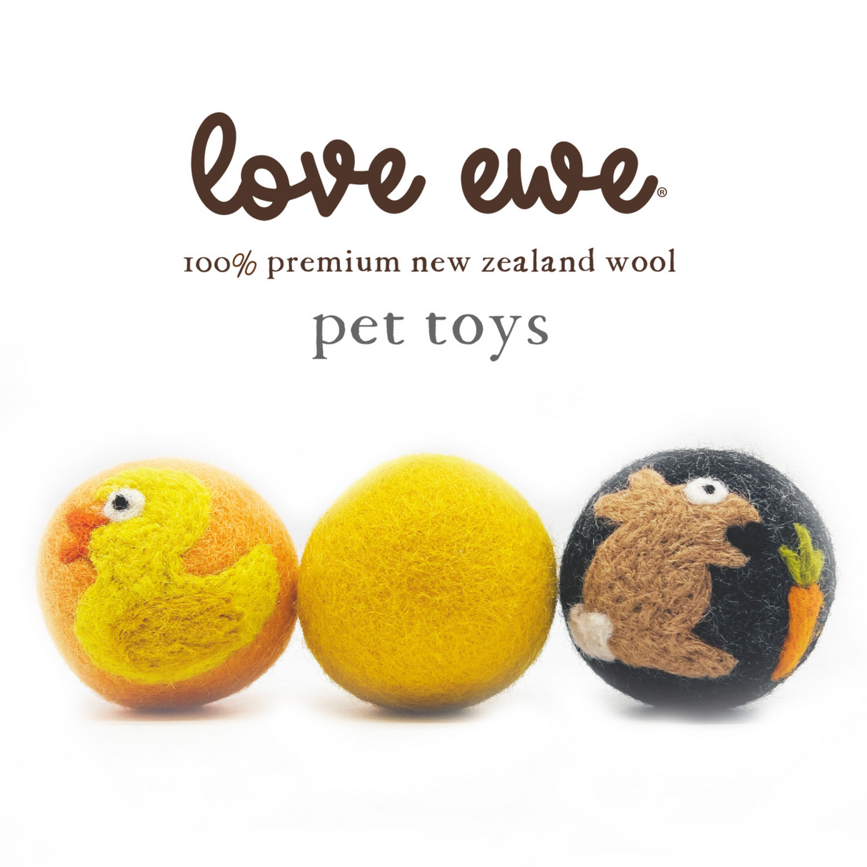 Love Ewe Handmade Felt Pet Toys—planet-friendly, natural dye, organic wool—come in a pack of 3: a duck, a plain yellow, and a bunny with carrot toy, perfect for cats, kittens, dogs, and small pets.