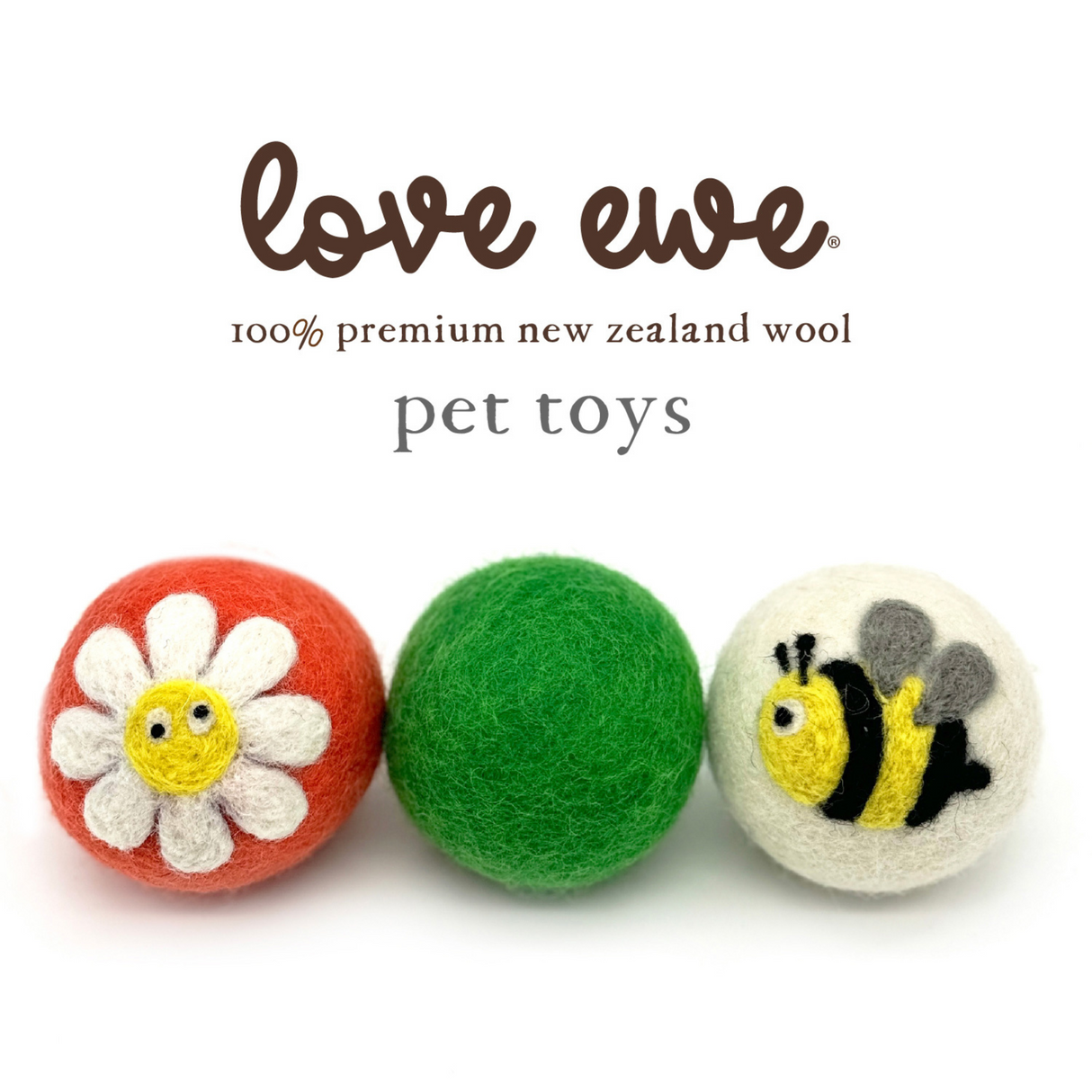 Love Ewe Handmade Felt Pet Toys—planet-friendly, natural dye, pack of 3: includes a flower ball, a plain green ball, and a bee design. Perfect interactive toys for cats, kittens, dogs, and small pets.