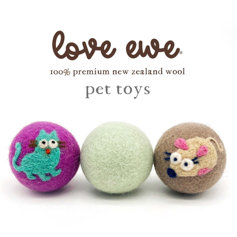 Love Ewe Handmade Felt Pet Toys—3-pack with Cat/Mouse, Bird/Fish, and Duck/Bunny designs. Planet-friendly, natural dye toys for cats, kittens, dogs & small pets.