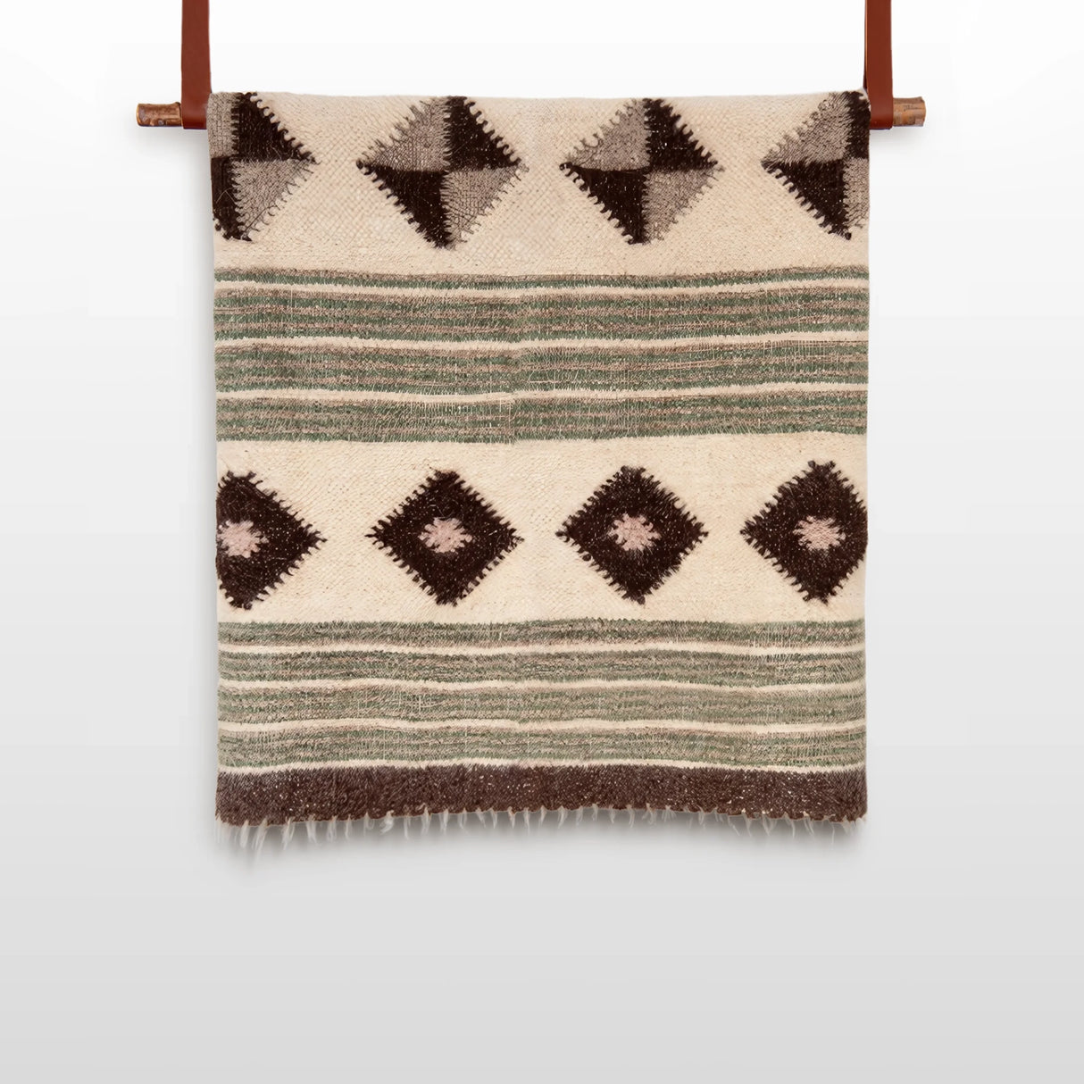 The "Handmade in Ukraine, Organic Natural 100% Sheep Wool Woven Statement Blanket Bed Covering Bedspread Duvet" features brown and green stripes with diamond patterns and hangs elegantly on a wooden rod.
