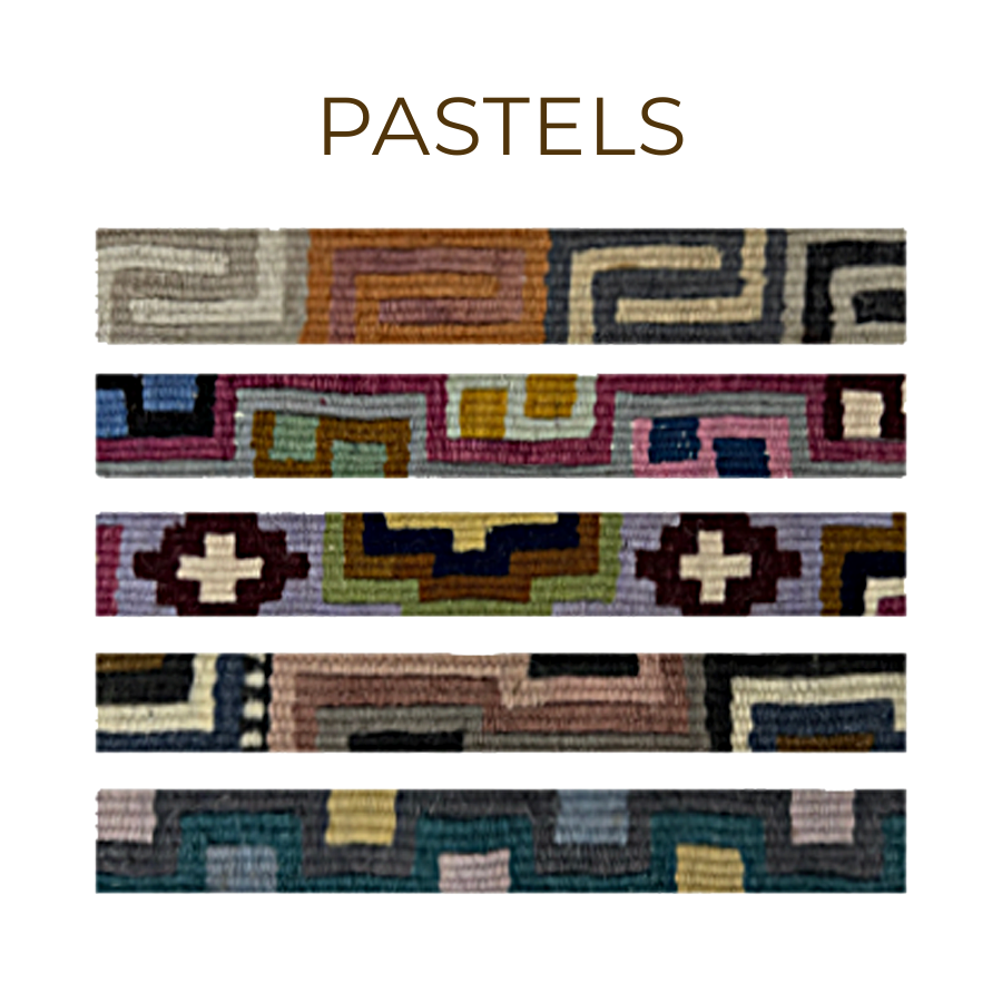 Five patterned pastel bands, inspired by artisan-made straps, are stacked horizontally under "Medium Straps for Hanging Vintage Bells" on a white background.