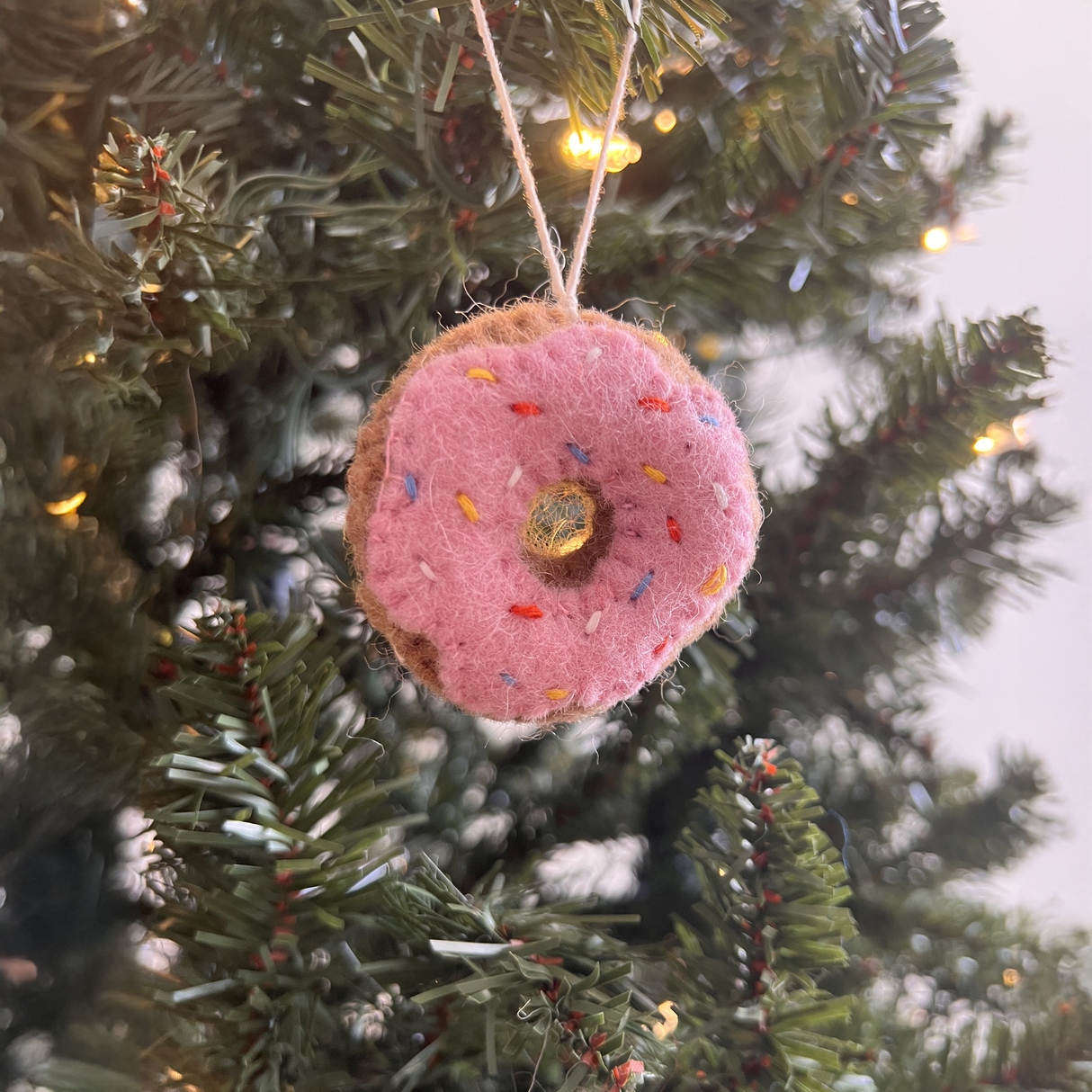 Pair of Hand-Stitched Felt Doughnut Ornaments