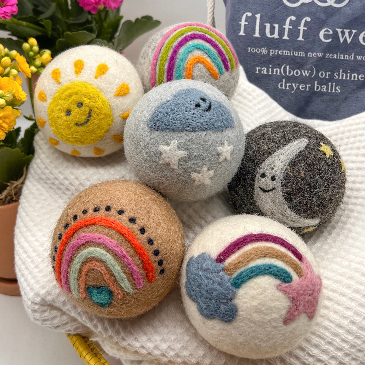 Fluff Ewes "Rain(bow) or Shine" 100% Premium Wool Dryer Balls, 6-pack, Natural Fabric Softener, Eco-Friendly - Rainbow 6 pack