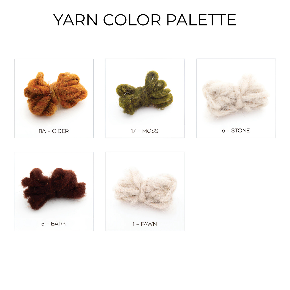 Five yarn bundles in cider, moss, stone, bark, and fawn on a white background—a palette inspired by our Handmade Organic 100% Sheep Wool Woven Statement Blanket Bed Covering Bedspread Duvet.