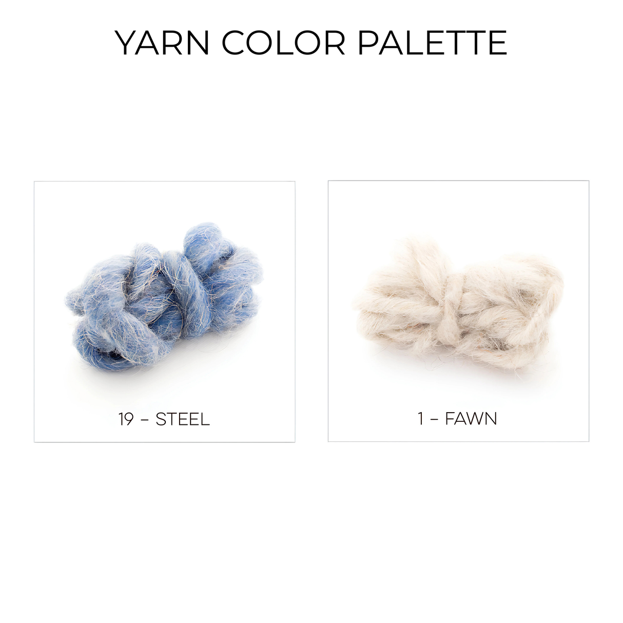 Two Horoshy (Kind) Wool Statement Bed Blanket yarn samples—Steel (blue) and Fawn (beige)—inspired by traditional mudcloth and expertly woven by Ukrainian artisans, shown on a white background.