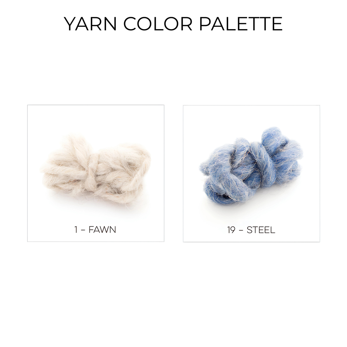 Khmara (Cloud) Wool Statement Throw / Baby Blanket shown in Fawn (beige) and Steel (blue) yarn samples—ideal cozy shades for your next handcrafted blanket project.