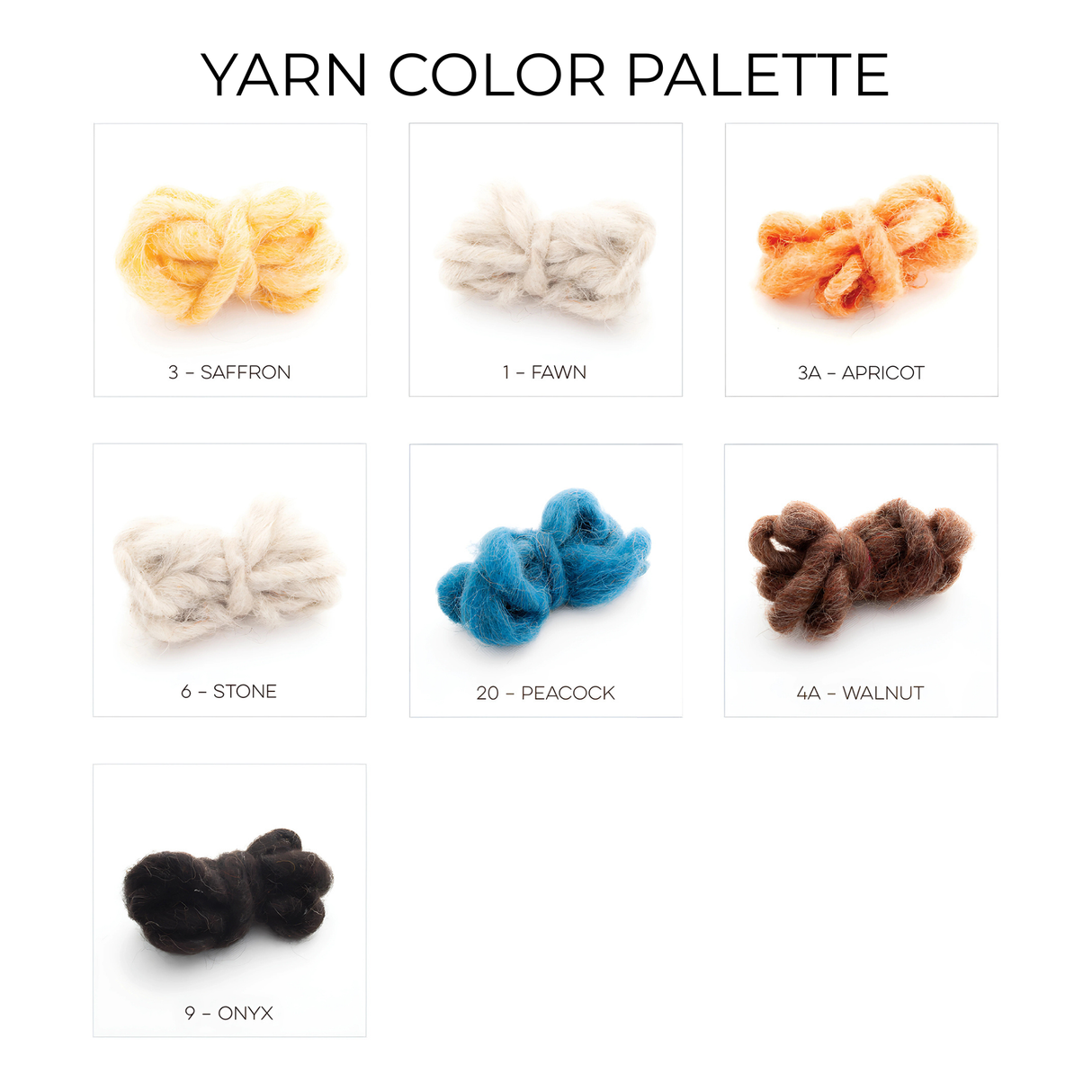 Seven skeins of wool in assorted colors, each labeled with its name and number, displayed on a white background—ideal for making the Lis (Forest) Wool Statement Throw or a cozy baby blanket.