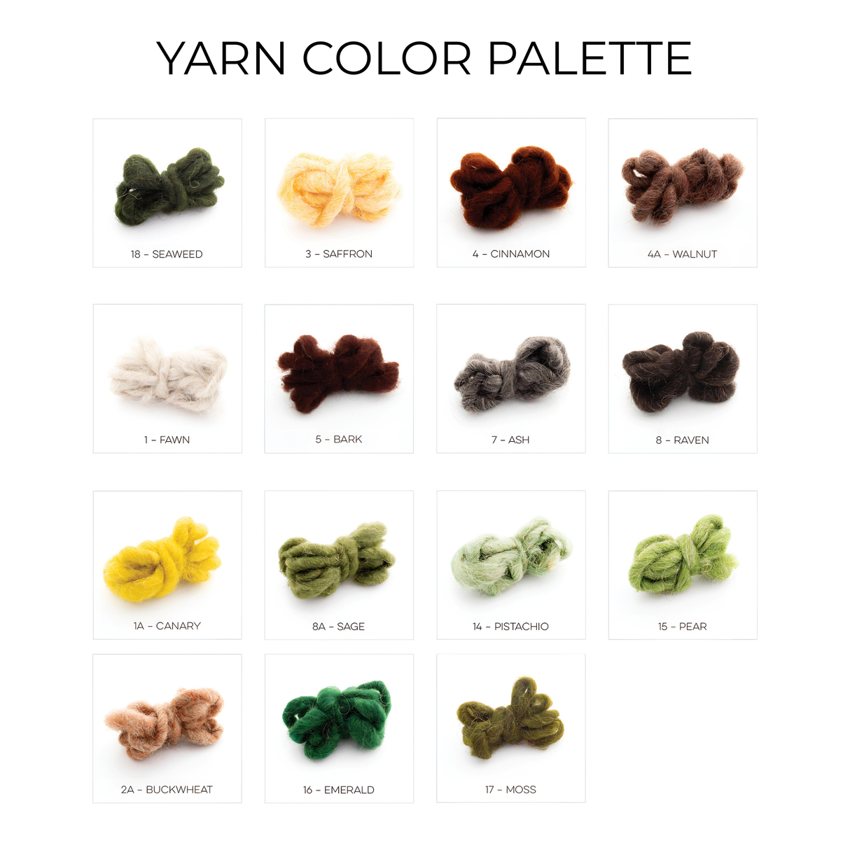 Grid of 16 Lis (Forest) wool yarn skeins in assorted shades, each labeled with its name and number—perfect for crafting your next cozy Lis (Forest) Statement Throw or Baby Blanket.