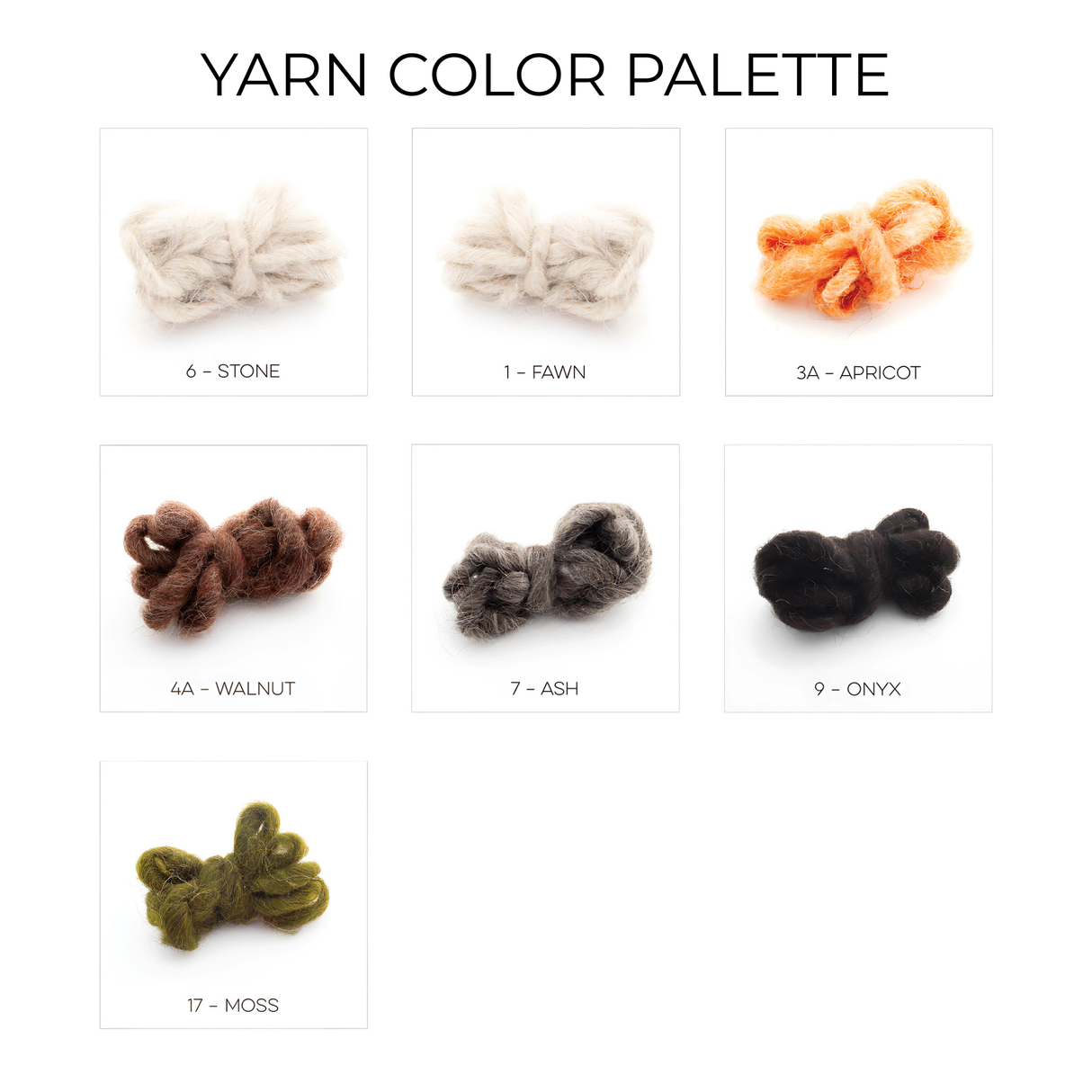 Labeled yarn swatches in stone, fawn, apricot, walnut, ash, onyx, and moss make the Mudry (Wise) Wool Statement Bed Blanket ideal for crafting a statement or multi-colored throw.