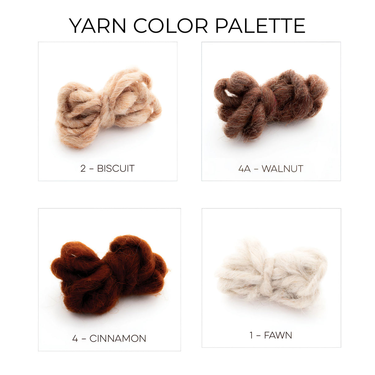 Four yarn samples—Biscuit, Walnut, Cinnamon, and Fawn—are displayed in a grid on white, perfect for pairing with Blazheny (Blissful) Wool Framed Wall Art or other eco-friendly wall décor.