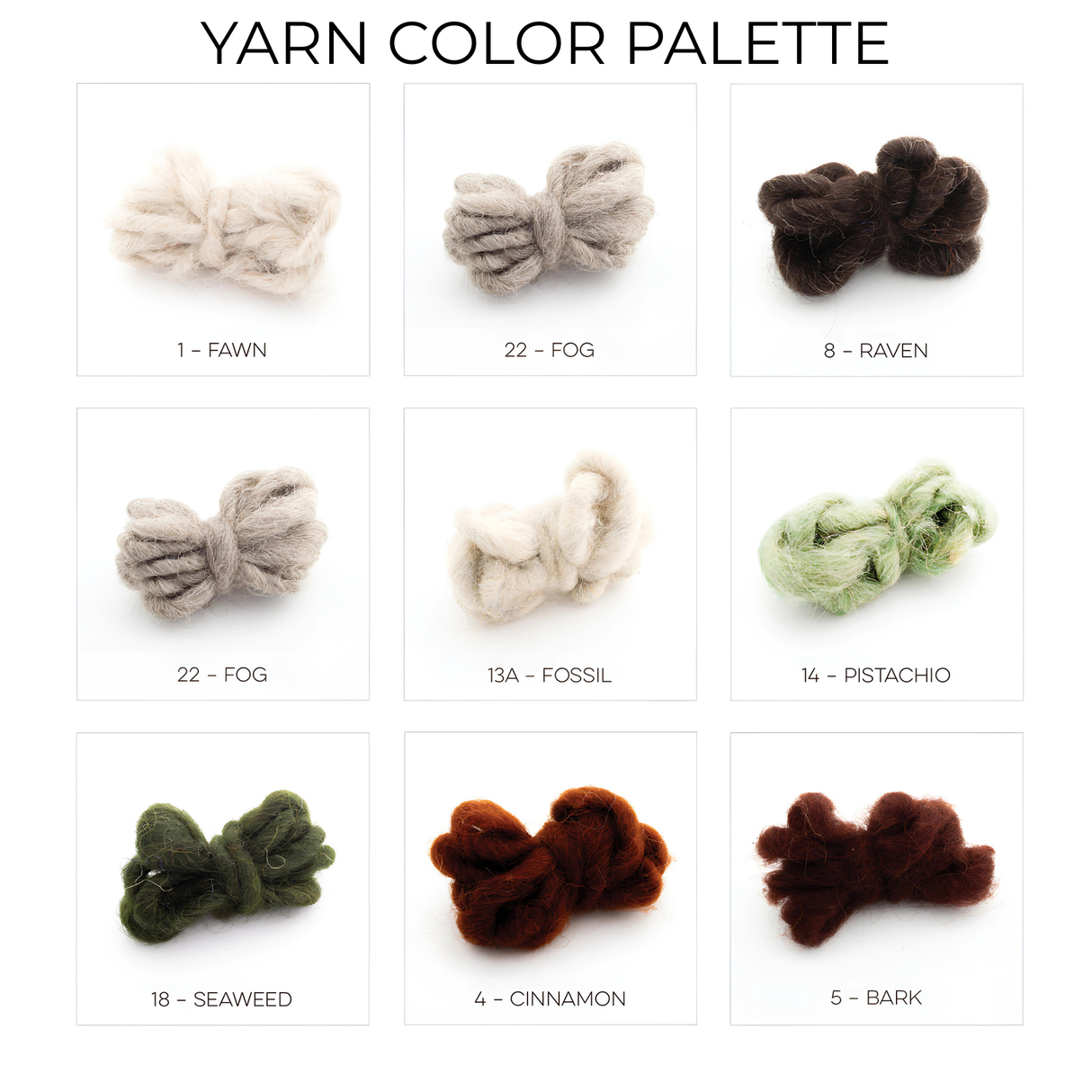 A yarn color palette with eight bundles—Fawn, Raven, Seaweed, and more—ideal for crafting the Diamant (Diamond) Wool Statement Bed Blanket or a cozy Carpathian Mountain-inspired design.