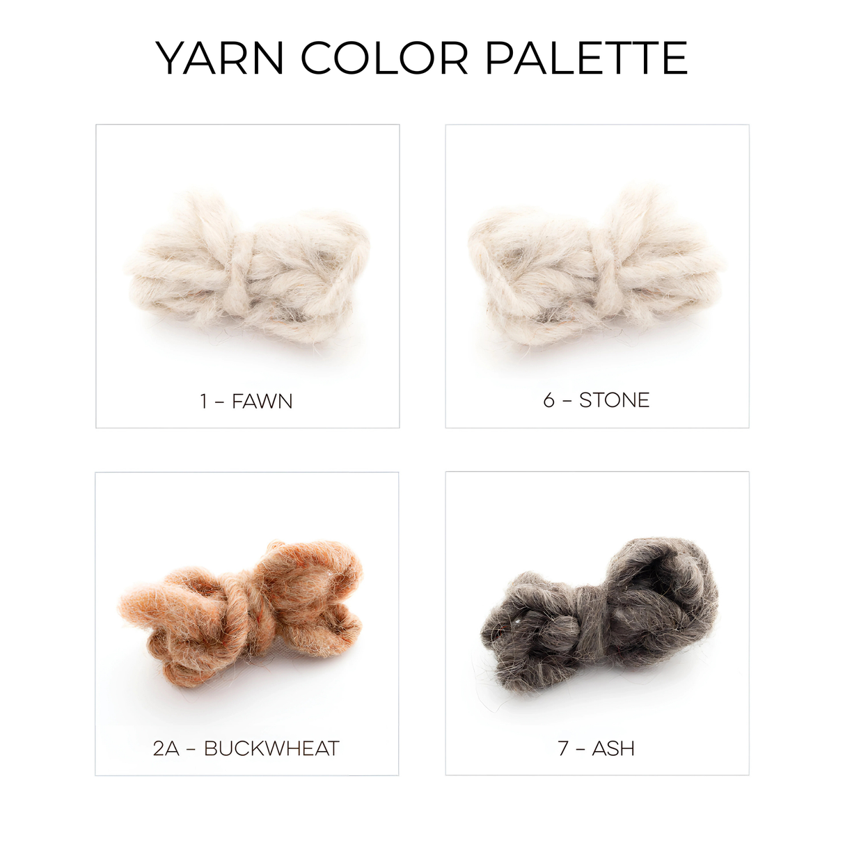 Four yarn color samples—Fawn, Stone, Buckwheat, and Ash—of all-natural undyed yarn are shown on white, ideal for crafting the Myr (Peace) Wool Statement Bed Blanket or highlighting a rhombus-dot design.