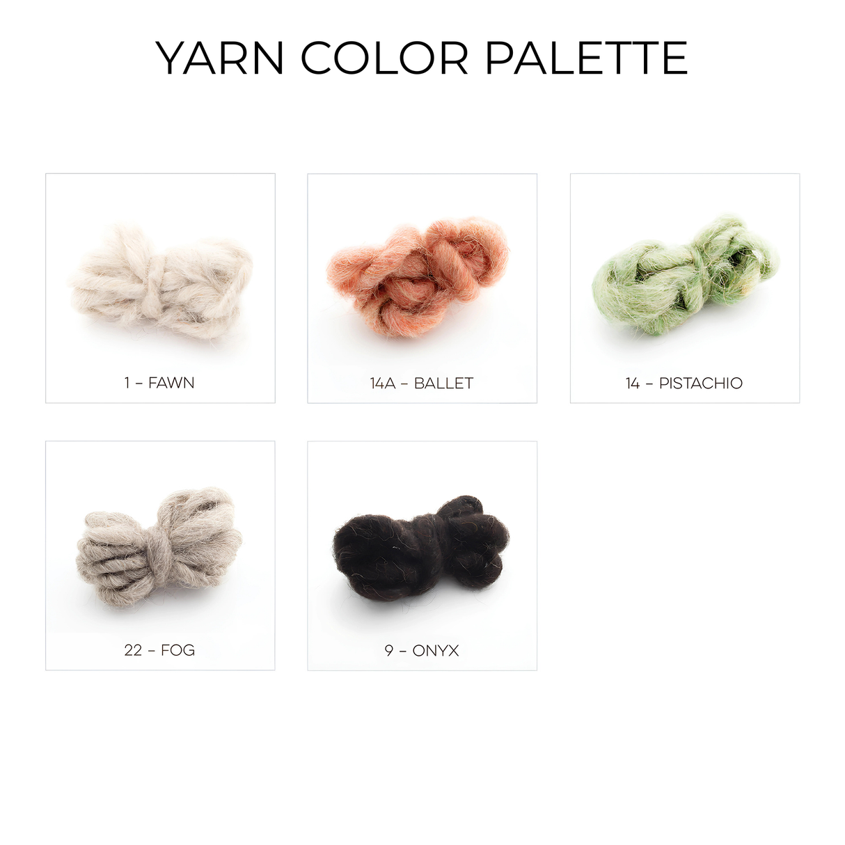 Five yarn bundles in fawn, ballet pink, pistachio green, fog grey, and onyx black on a white background—ideal for crafting the Myr (Peace) Wool Statement Bed Blanket or storing in a linen laundry bag.