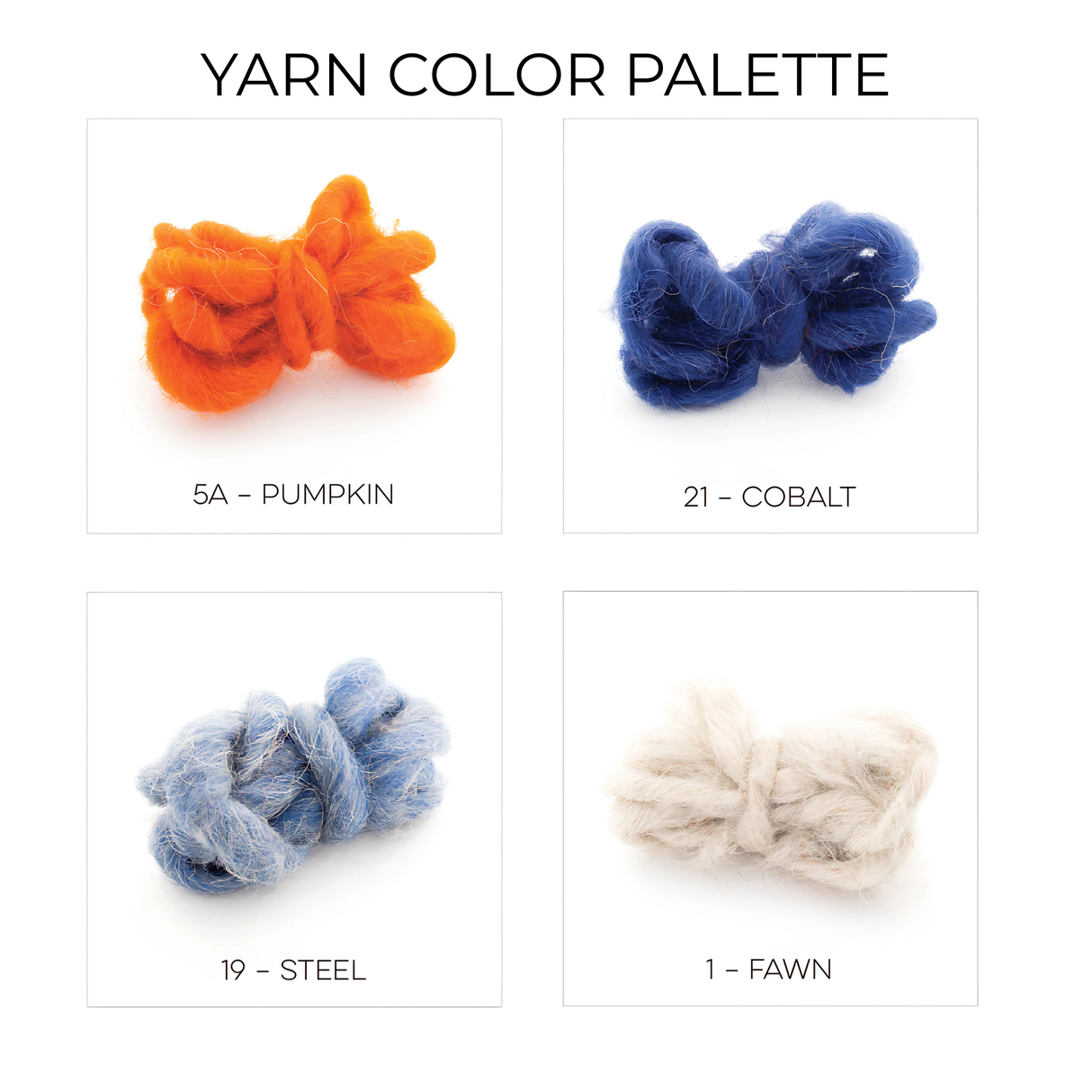 Four yarn bundles—Pumpkin (orange), Cobalt (blue), Steel (gray), and Fawn (cream)—on white. Perfect for crafting a Podyh (Breathe) Wool Statement Throw or a cozy baby blanket with modern, elegant hues.